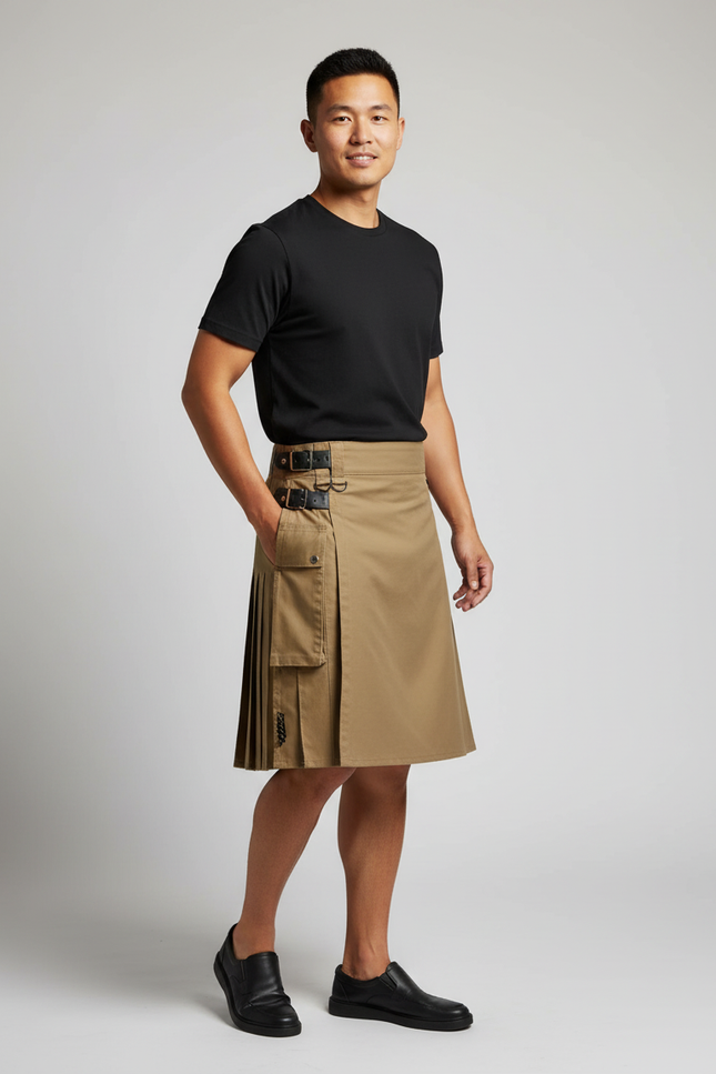 Jupe Homme Kaki Plissée Décontractée