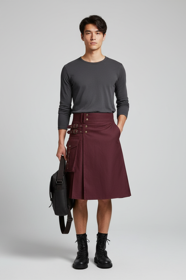 Jupe Homme Kilt Bordeaux Plissée