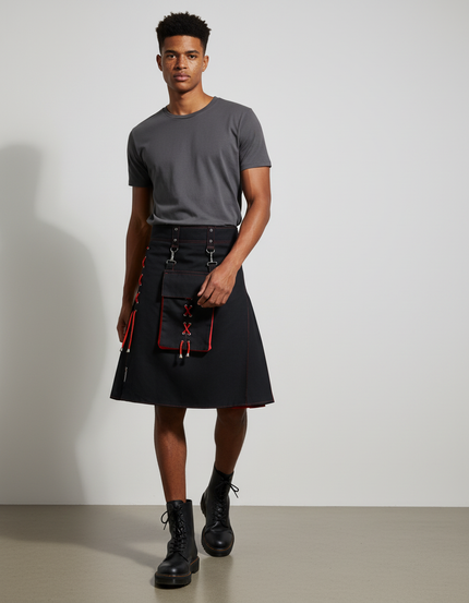 Jupe Homme Noire Contraste Rouge Décontractée