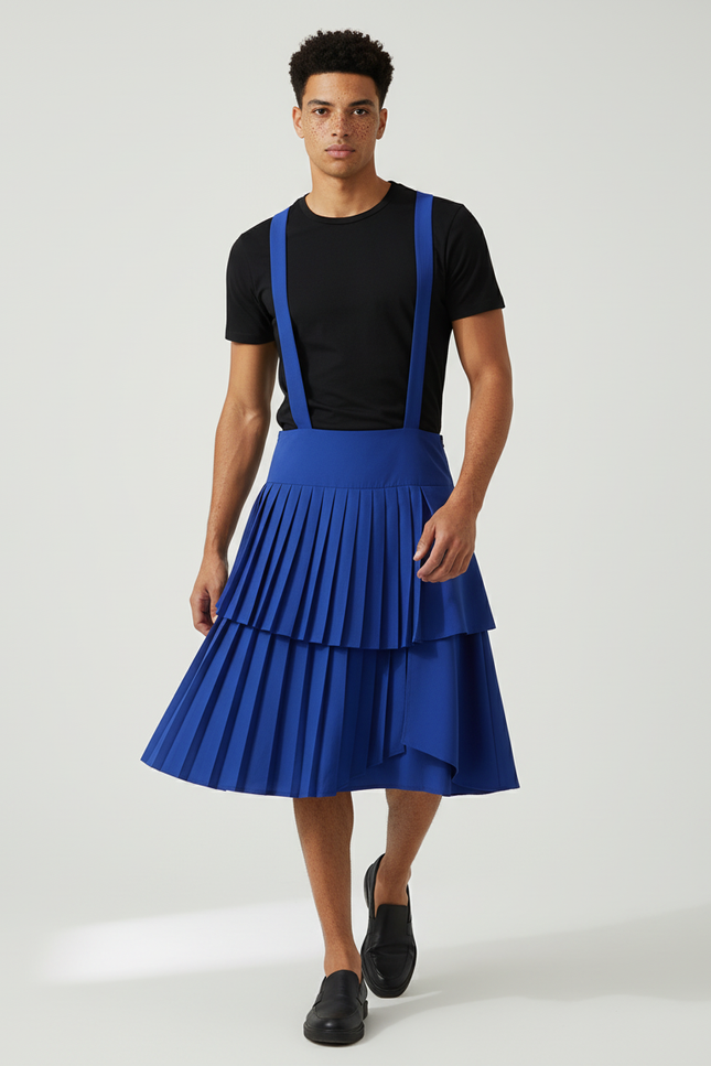 Jupe Homme Bleue Plissée Asymétrique Décontractée