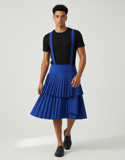 Jupe Homme Bleue Plissée Asymétrique Décontractée