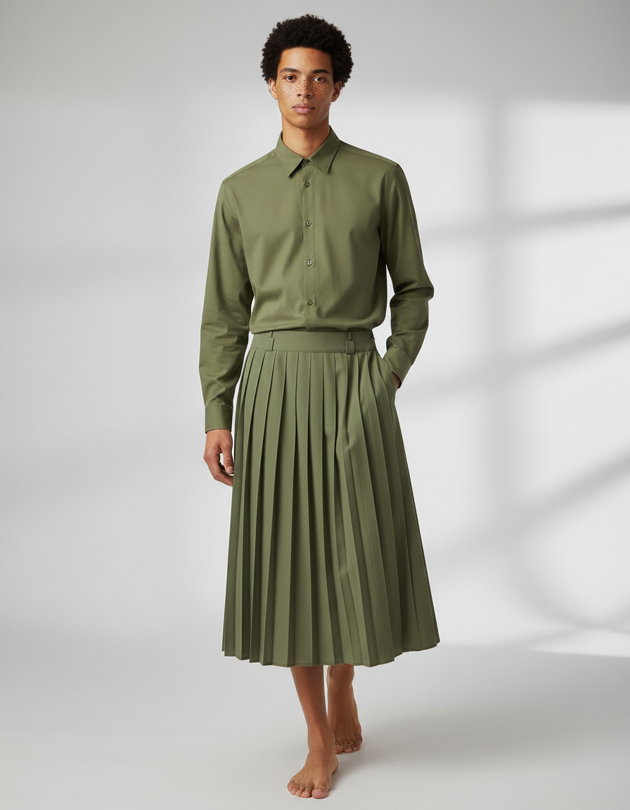 Jupe Homme Plissée Kaki Décontractée