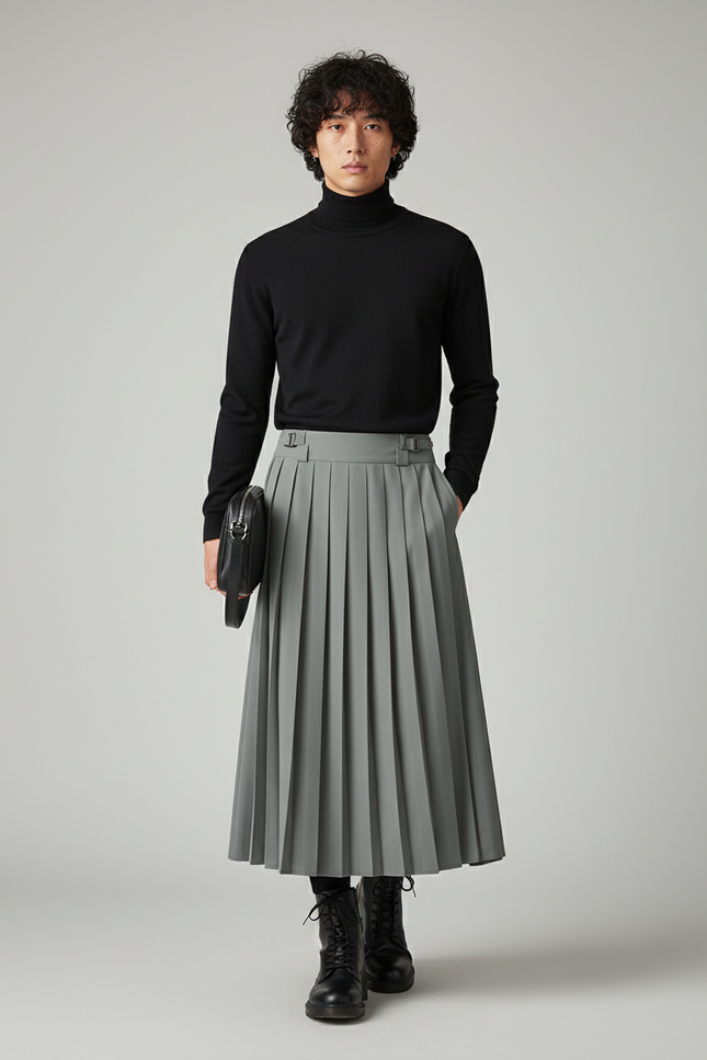 Jupe Homme Grise Plissée Décontractée Sobre