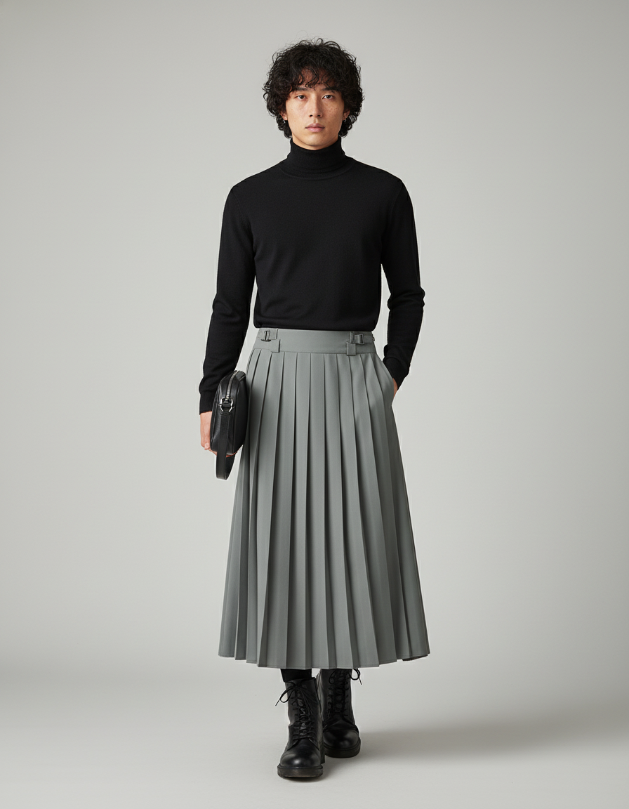 Jupe Homme Grise Plissée Décontractée Sobre