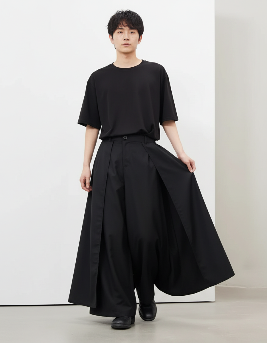 Jupe Homme Noire Double-Couche Fluide