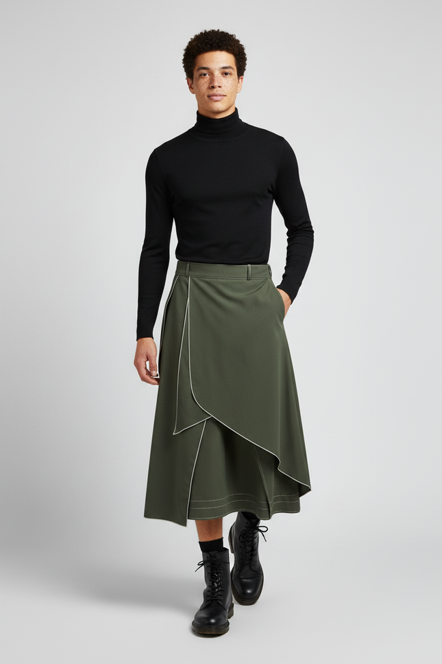 Jupe Homme Kaki Asymétrique Moderne