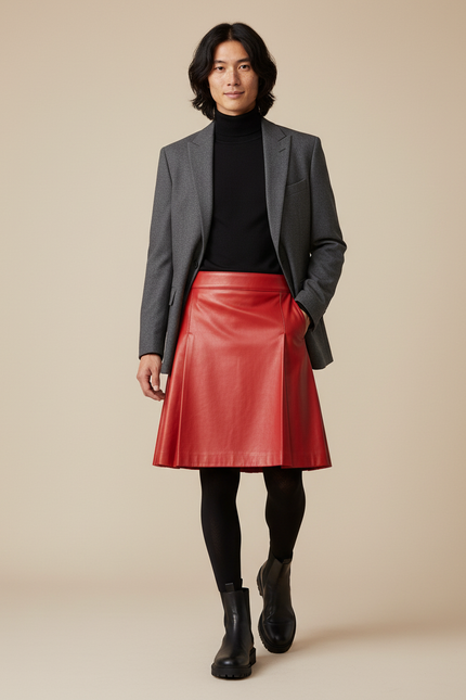 Jupe Homme Rouge Cuir Pu Plissée