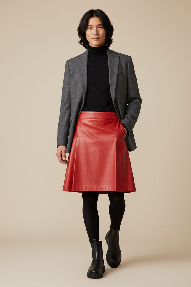 Jupe Homme Rouge Cuir Pu Plissée