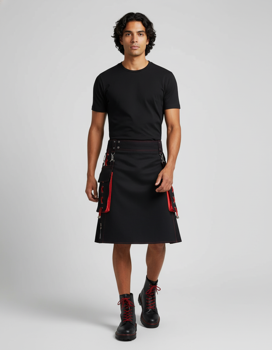 Jupe Homme Noire Rouge Plissée Décontractée