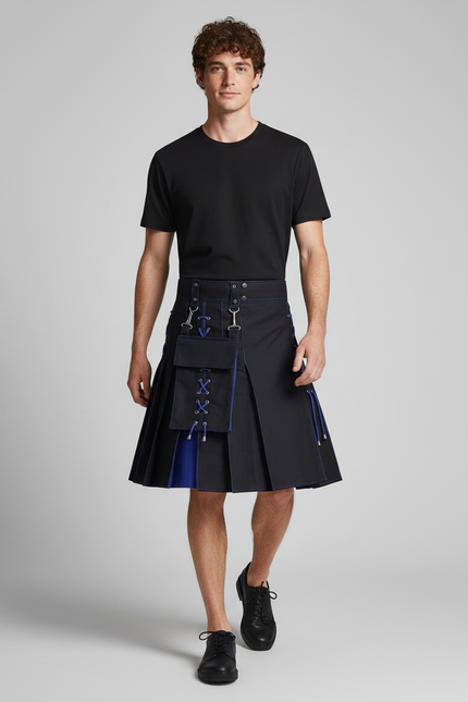 Jupe Homme Noire Et Bleue Plissée Décontractée