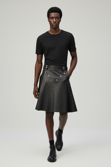 Jupe Homme Cuir Noir Plissée