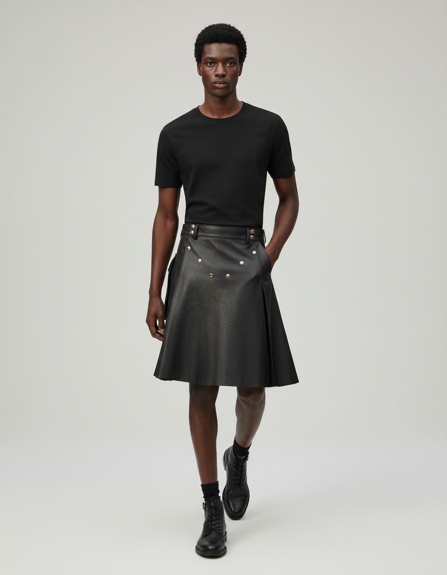 Jupe Homme Cuir Noir Plissée