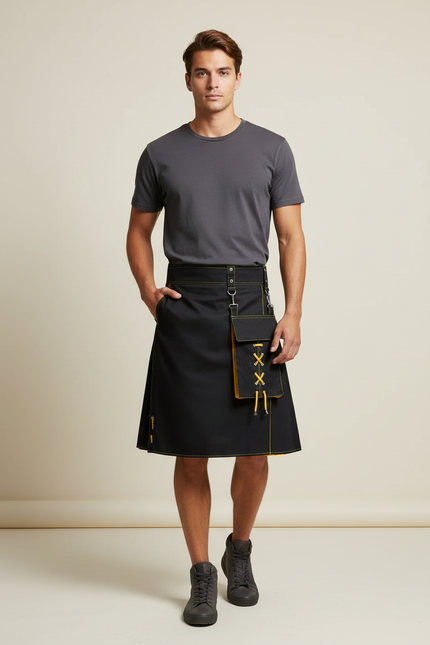 Jupe Homme Noire Jaune Plissée