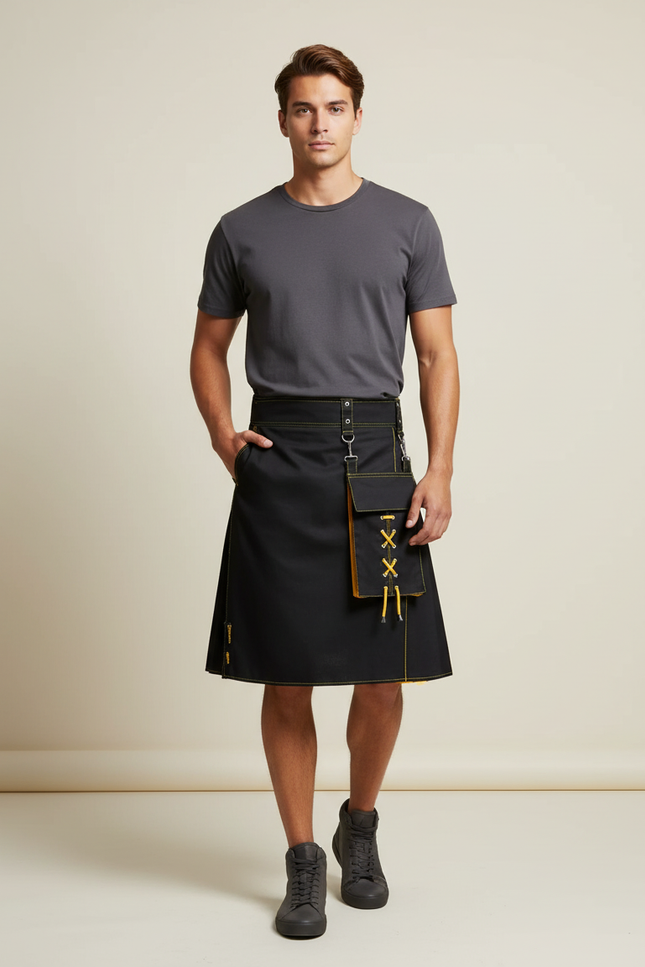 Jupe Homme Noire Jaune Plissée