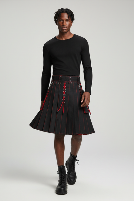 Jupe Homme Noire À Lacets Rouges Plissée