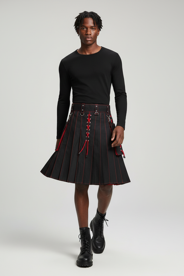 Jupe Homme Noire À Lacets Rouges Plissée