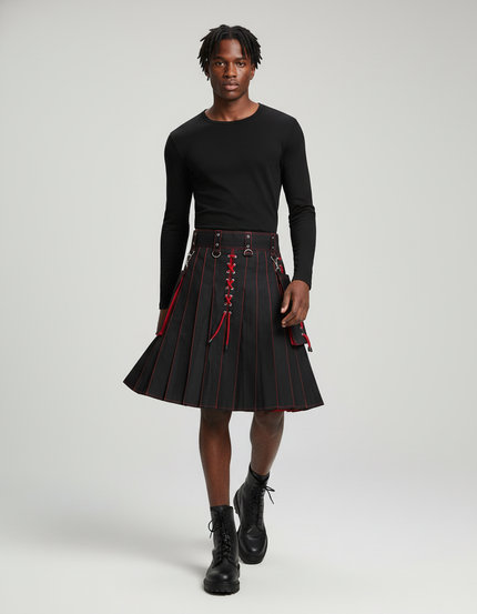 Jupe Homme Noire À Lacets Rouges Plissée