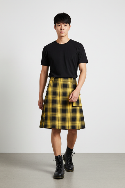 Jupe Homme Écossaise Jaune Plissée