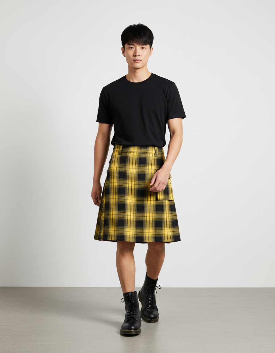 Jupe Homme Écossaise Jaune Plissée