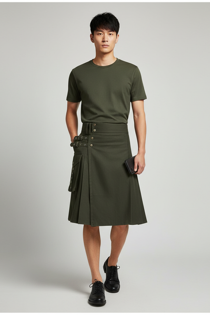 Jupe Homme Kaki Plissée Décontractée Militaire