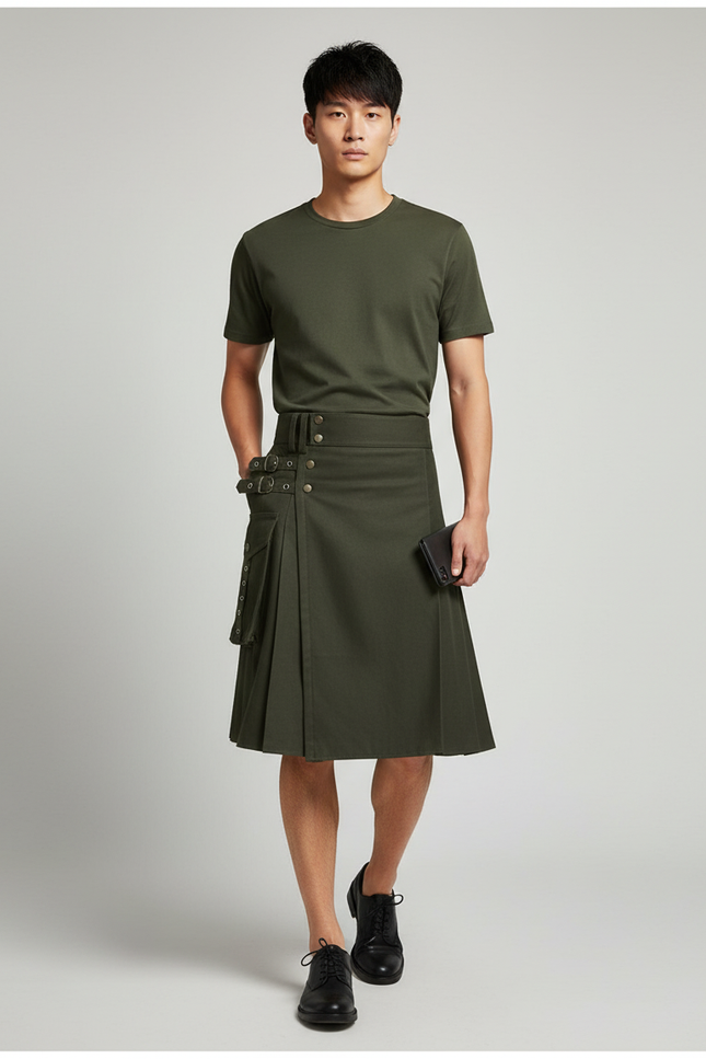 Jupe Homme Kaki Plissée Décontractée Militaire