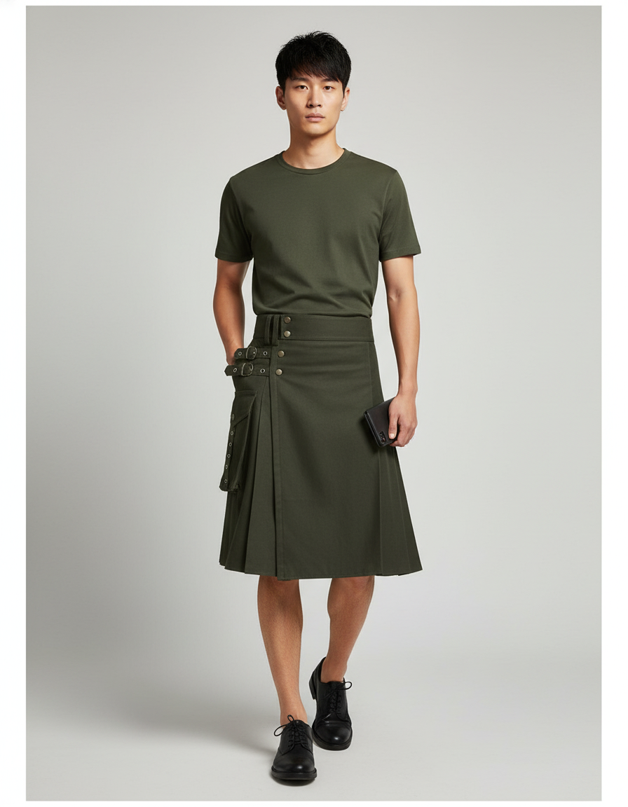 Jupe Homme Kaki Plissée Décontractée Militaire