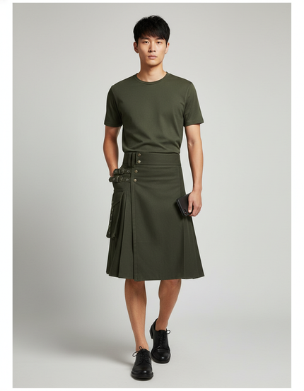 Jupe Homme Kaki Plissée Décontractée Militaire