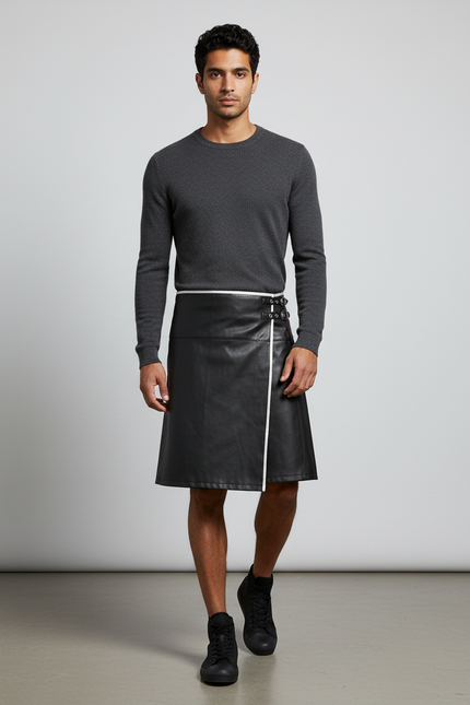 Jupe Homme Cuir Noir Bande Blanche Décontractée