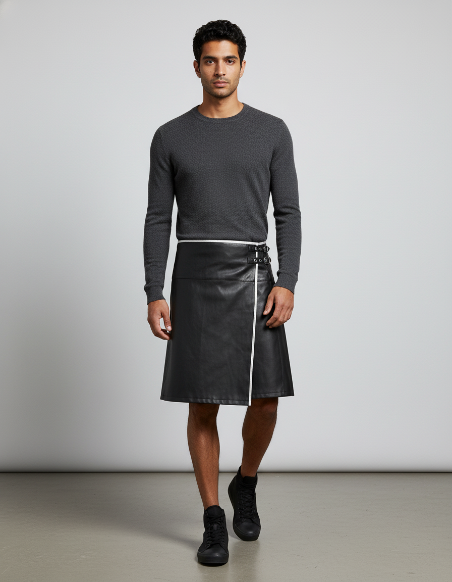 Jupe Homme Cuir Noir Bande Blanche Décontractée