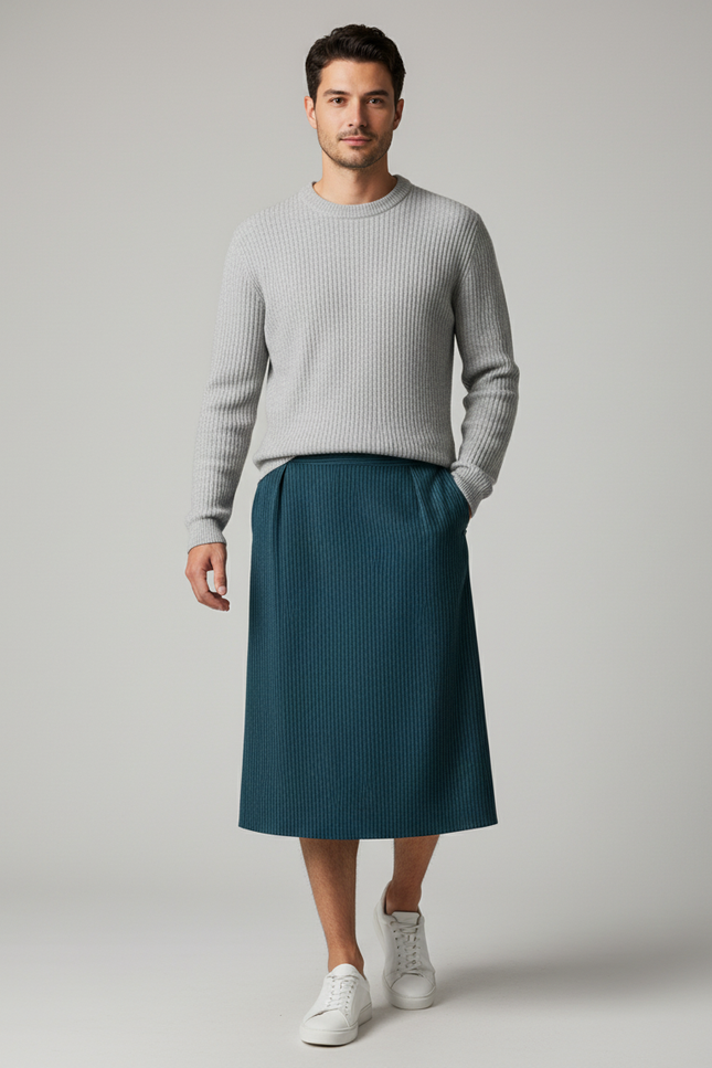 Jupe Homme Bleu Pétrole Rayée Décontractée