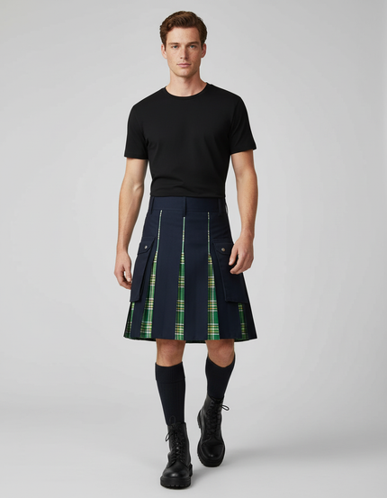 Jupe Homme Bleue Marine À Carreaux Plissée