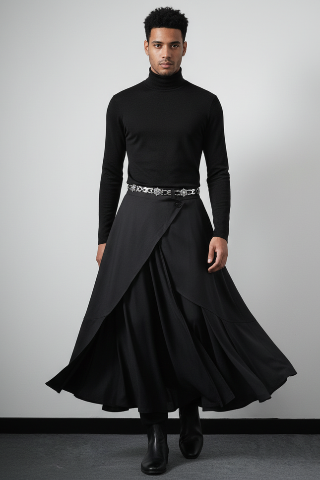 Jupe Homme Noire Asymétrique Fluide Graphique