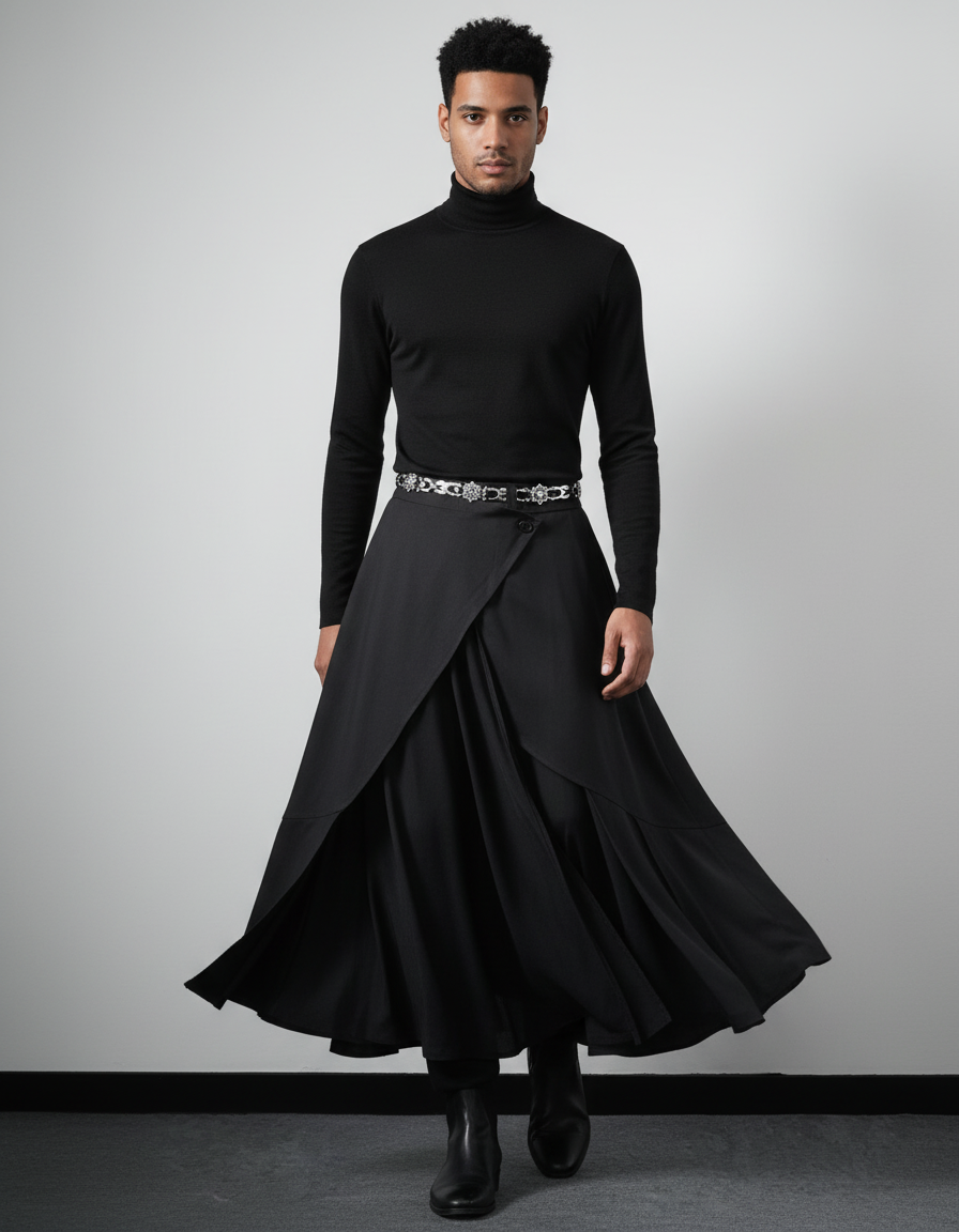 Jupe Homme Noire Asymétrique Fluide Graphique