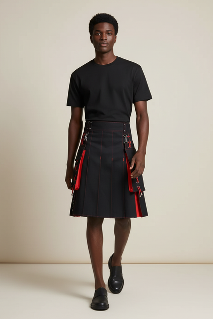 Jupe Homme Noire Et Rouge Plissée Contrastée