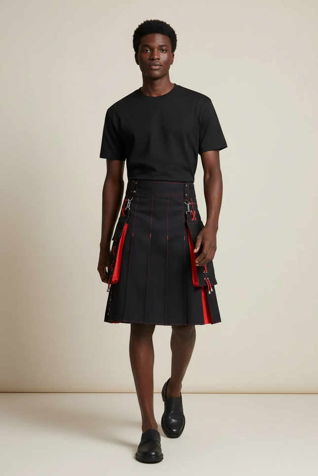 Jupe Homme Noire Et Rouge Plissée Contrastée