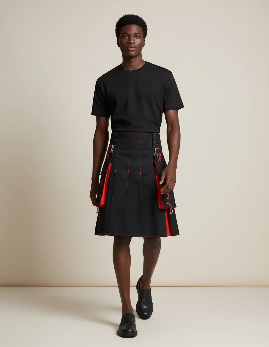 Jupe Homme Noire Et Rouge Plissée Contrastée