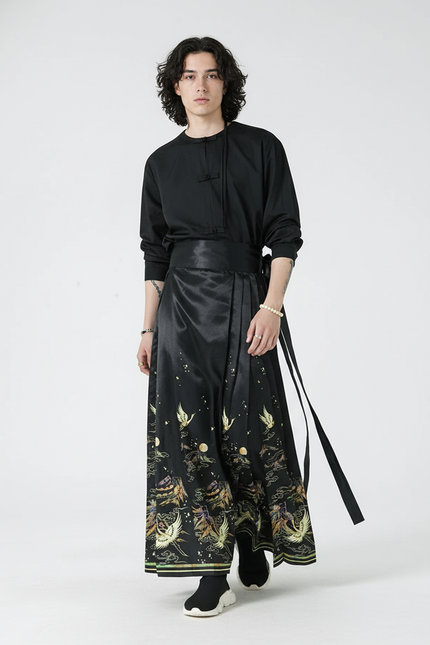 Jupe Homme Noire Motifs Chinois Fluide