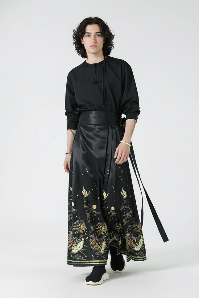 Jupe Homme Noire Motifs Chinois Fluide