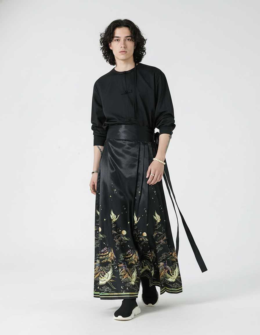 Jupe Homme Noire Motifs Chinois Fluide