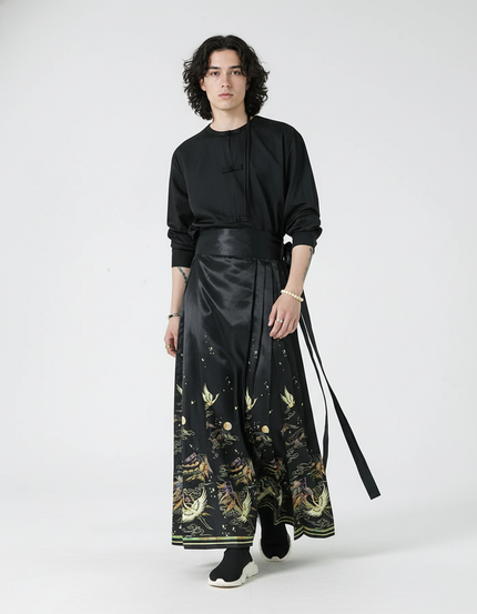 Jupe Homme Noire Motifs Chinois Fluide