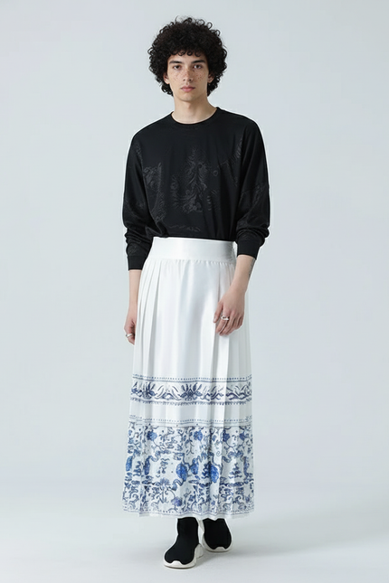 Jupe Homme Blanche Motif Chinois Plissée