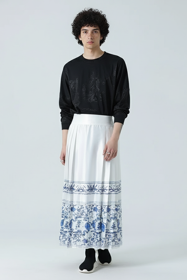 Jupe Homme Blanche Motif Chinois Plissée