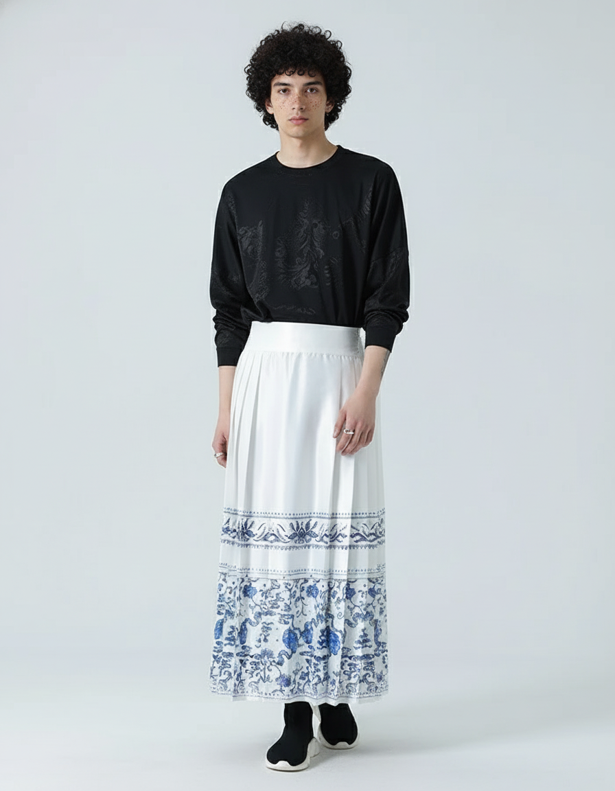 Jupe Homme Blanche Motif Chinois Plissée