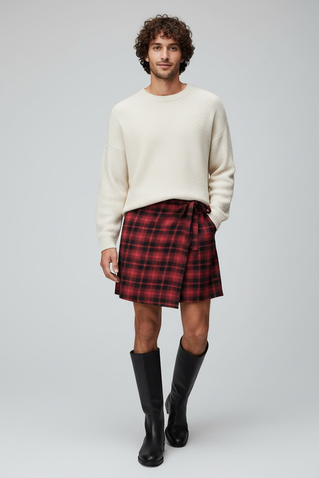 Jupe Homme Carreaux Rouge Asymétrique