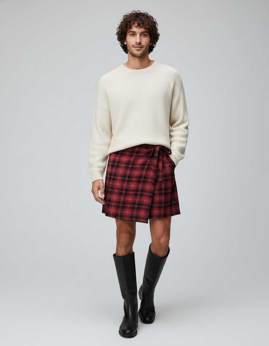 Jupe Homme Carreaux Rouge Asymétrique