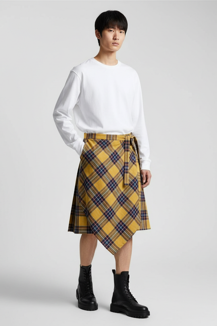Jupe Homme Carreaux Jaunes Asymétrique Décontractée