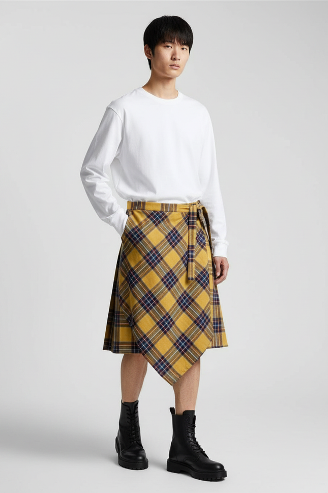 Jupe Homme Carreaux Jaunes Asymétrique Décontractée
