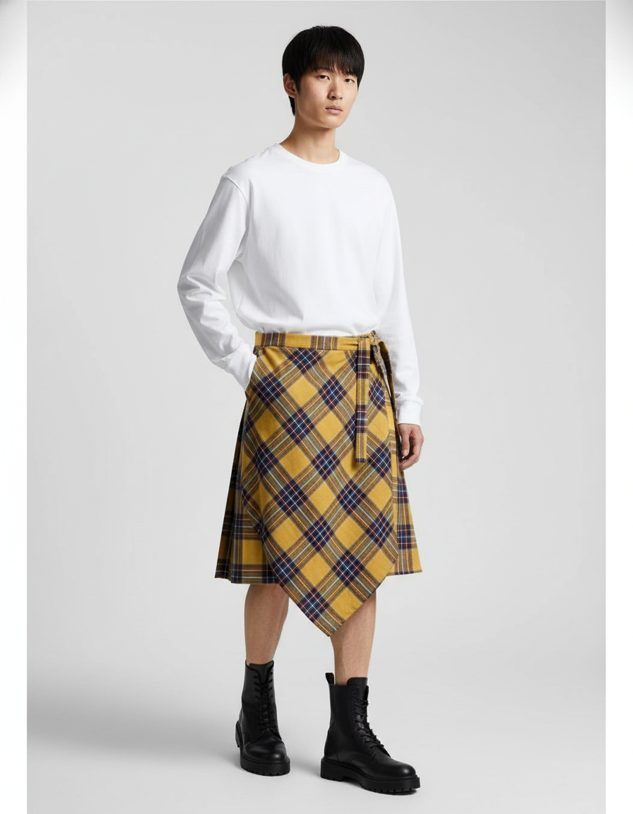 Jupe Homme Carreaux Jaunes Asymétrique Décontractée