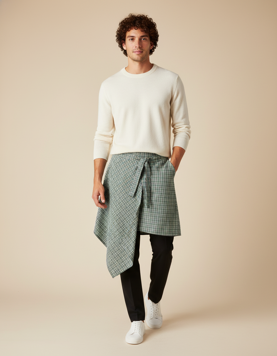 Jupe Homme À Carreaux Asymétrique Chic Moderne