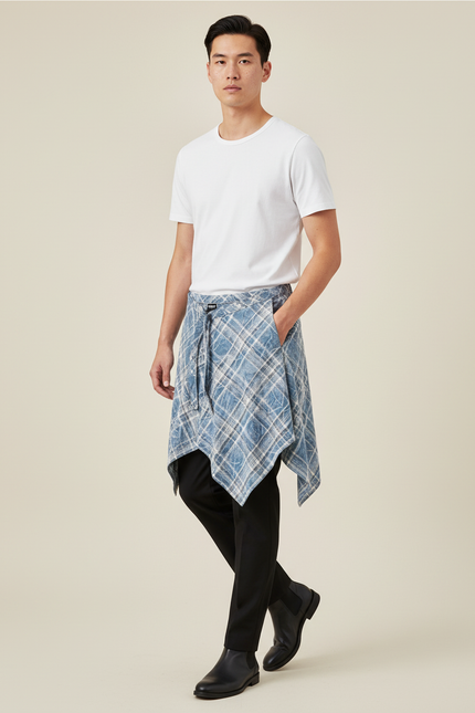 Jupe Homme Bleu Carreaux Irrégulière Décontractée